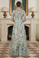 Laden Sie das Bild in den Galerie-Viewer, Grünes Blumen A-Linie Besticktes Langes Mutter der Braut Kleid mit 3/4 Ärmeln