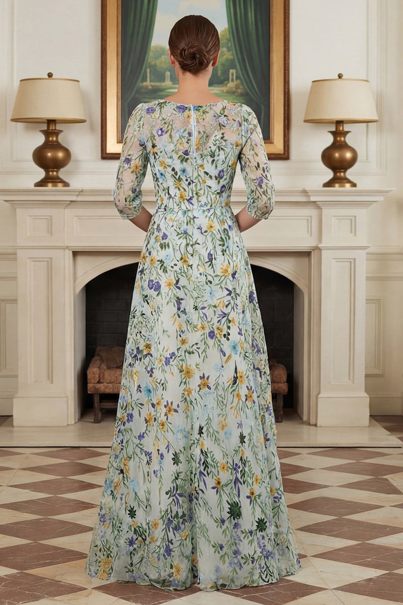 Laden Sie das Bild in den Galerie-Viewer, Grünes Blumen A-Linie Besticktes Langes Mutter der Braut Kleid mit 3/4 Ärmeln