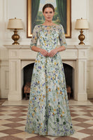 Laden Sie das Bild in den Galerie-Viewer, Grünes Blumen A-Linie Besticktes Langes Mutter der Braut Kleid mit 3/4 Ärmeln