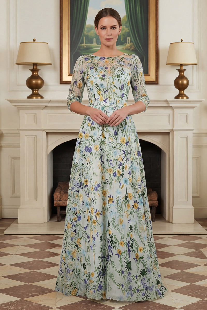 Laden Sie das Bild in den Galerie-Viewer, Grünes Blumen A-Linie Besticktes Langes Mutter der Braut Kleid mit 3/4 Ärmeln
