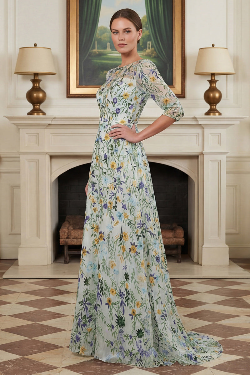 Laden Sie das Bild in den Galerie-Viewer, Grünes Blumen A-Linie Besticktes Langes Mutter der Braut Kleid mit 3/4 Ärmeln