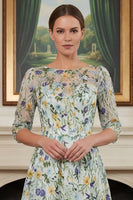 Laden Sie das Bild in den Galerie-Viewer, Grünes Blumen A-Linie Besticktes Langes Mutter der Braut Kleid mit 3/4 Ärmeln