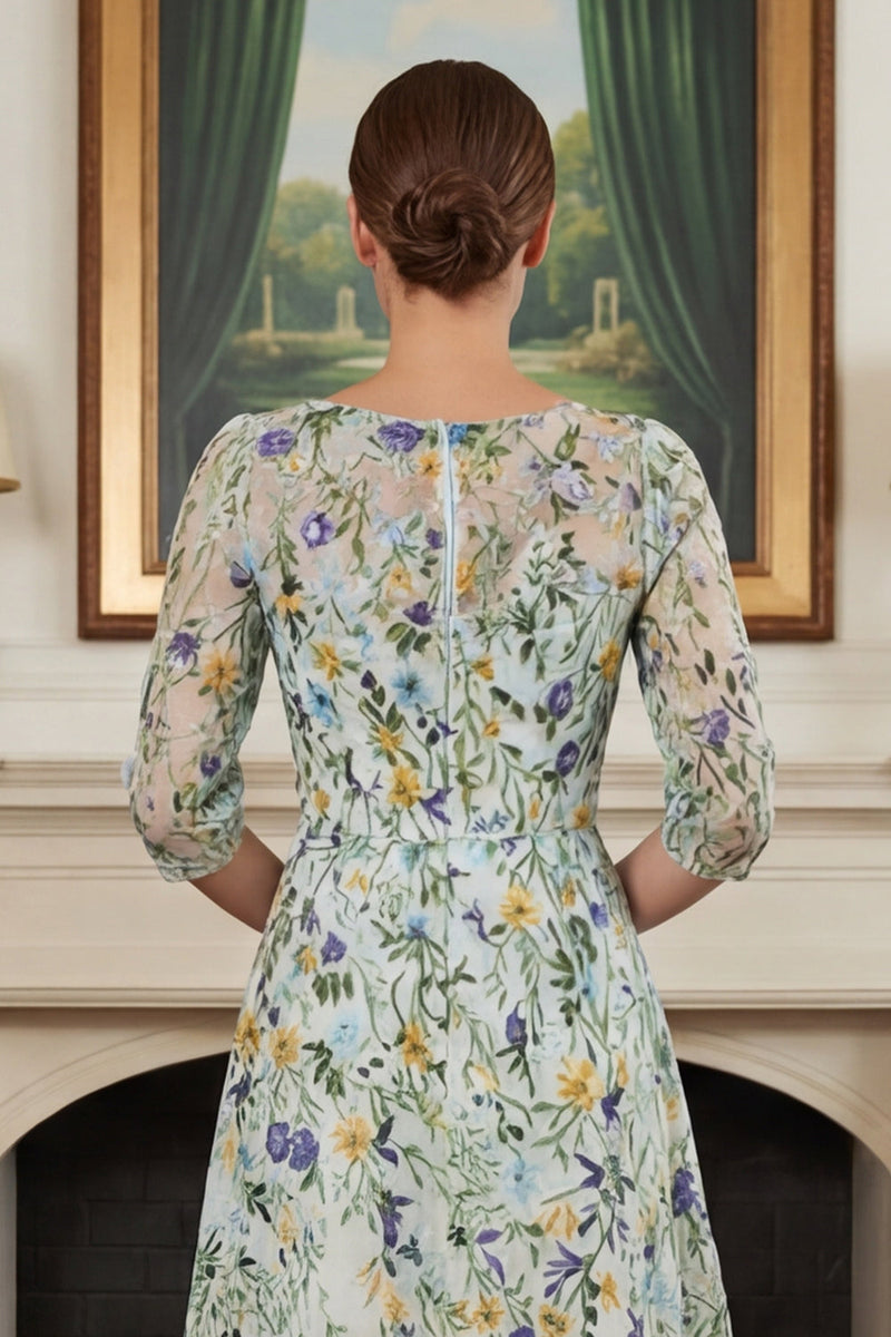 Laden Sie das Bild in den Galerie-Viewer, Grünes Blumen A-Linie Besticktes Langes Mutter der Braut Kleid mit 3/4 Ärmeln