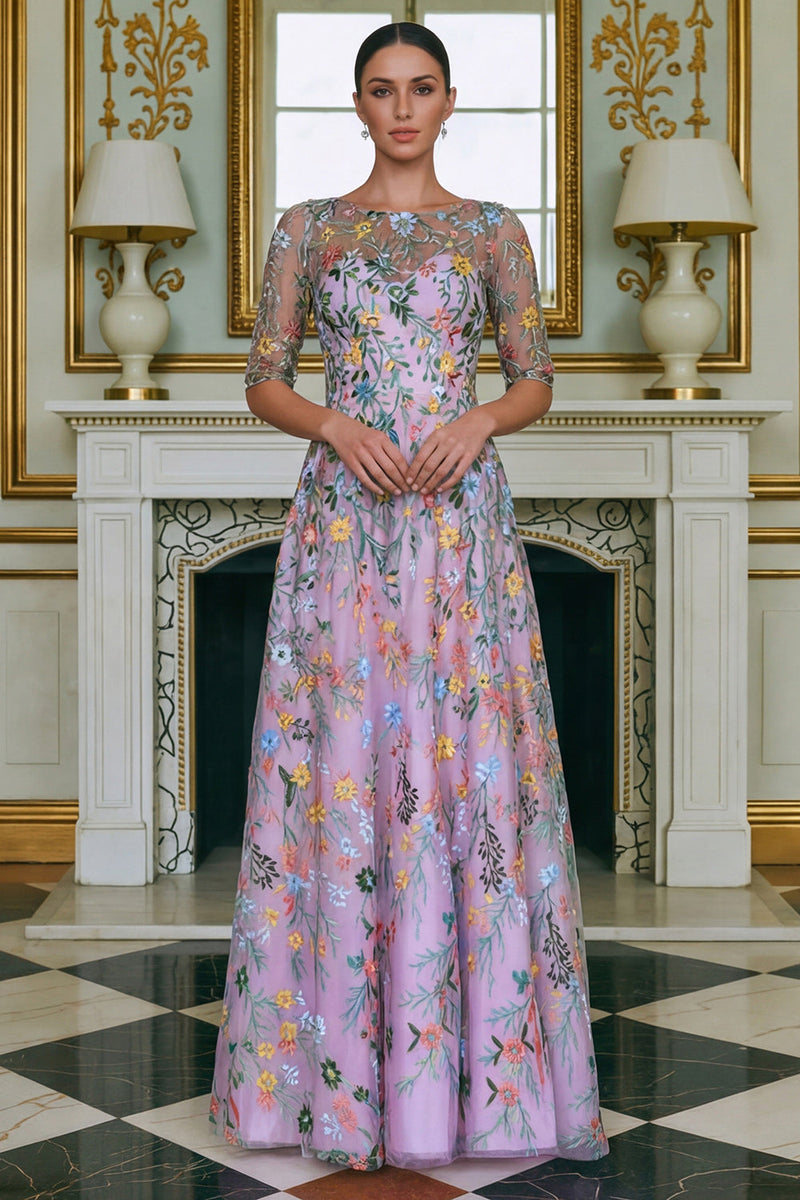 Laden Sie das Bild in den Galerie-Viewer, Grünes Blumen A-Linie Besticktes Langes Mutter der Braut Kleid mit 3/4 Ärmeln