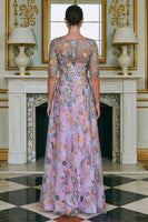 Laden Sie das Bild in den Galerie-Viewer, Grünes Blumen A-Linie Besticktes Langes Mutter der Braut Kleid mit 3/4 Ärmeln