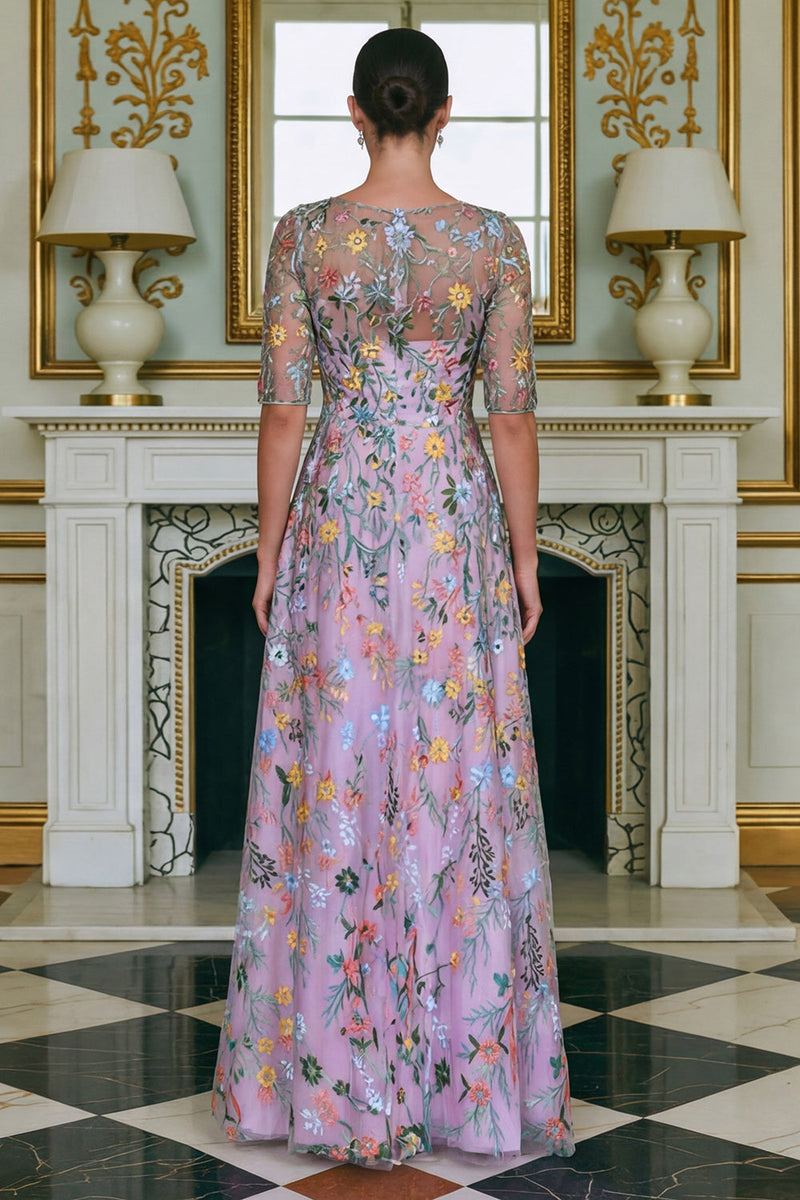 Laden Sie das Bild in den Galerie-Viewer, Grünes Blumen A-Linie Besticktes Langes Mutter der Braut Kleid mit 3/4 Ärmeln