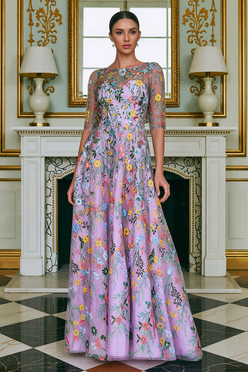 Laden Sie das Bild in den Galerie-Viewer, Grünes Blumen A-Linie Besticktes Langes Mutter der Braut Kleid mit 3/4 Ärmeln