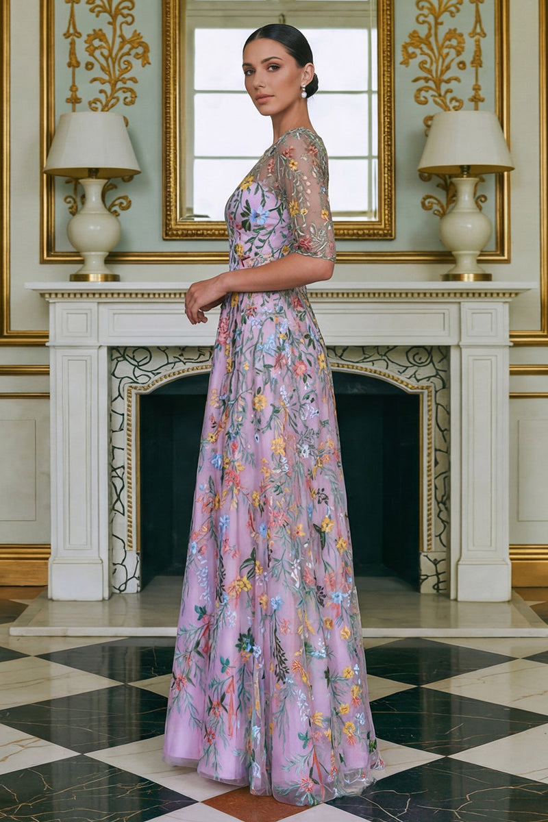 Laden Sie das Bild in den Galerie-Viewer, Grünes Blumen A-Linie Besticktes Langes Mutter der Braut Kleid mit 3/4 Ärmeln