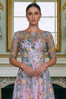 Laden Sie das Bild in den Galerie-Viewer, Grünes Blumen A-Linie Besticktes Langes Mutter der Braut Kleid mit 3/4 Ärmeln