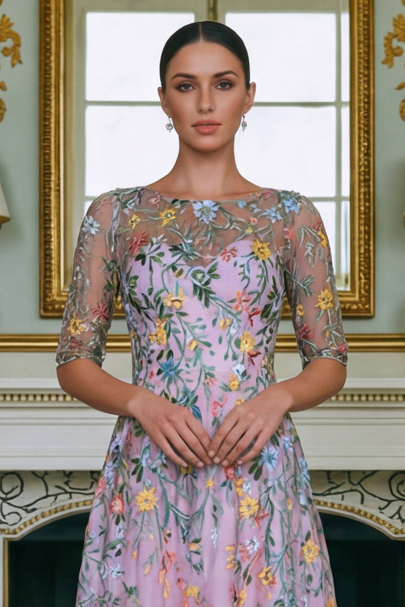 Laden Sie das Bild in den Galerie-Viewer, Grünes Blumen A-Linie Besticktes Langes Mutter der Braut Kleid mit 3/4 Ärmeln