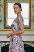 Laden Sie das Bild in den Galerie-Viewer, Grünes Blumen A-Linie Besticktes Langes Mutter der Braut Kleid mit 3/4 Ärmeln