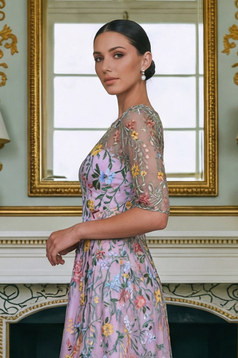 Laden Sie das Bild in den Galerie-Viewer, Grünes Blumen A-Linie Besticktes Langes Mutter der Braut Kleid mit 3/4 Ärmeln