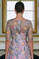 Laden Sie das Bild in den Galerie-Viewer, Grünes Blumen A-Linie Besticktes Langes Mutter der Braut Kleid mit 3/4 Ärmeln
