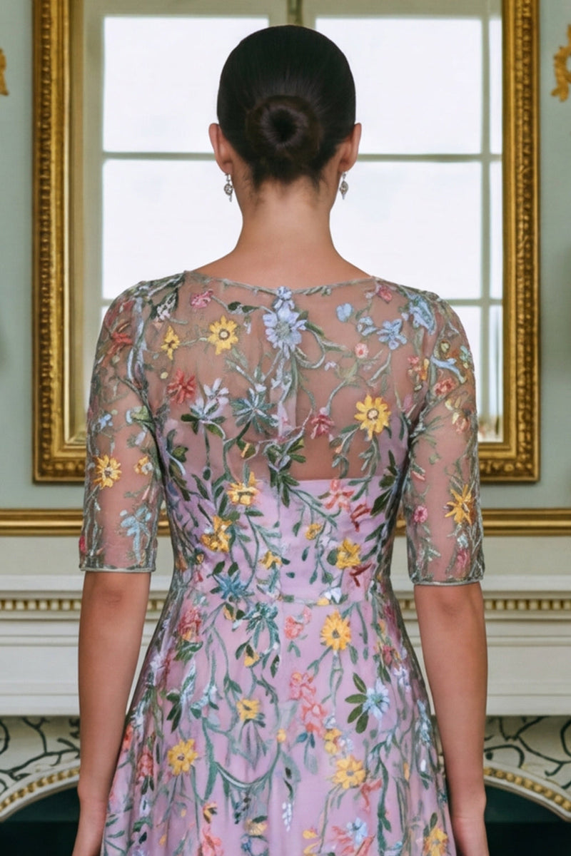 Laden Sie das Bild in den Galerie-Viewer, Grünes Blumen A-Linie Besticktes Langes Mutter der Braut Kleid mit 3/4 Ärmeln
