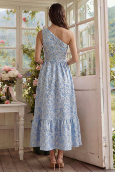 Blaues Blumen Jacquard Einschulter A-Linie Midi Kleid mit Rüschen