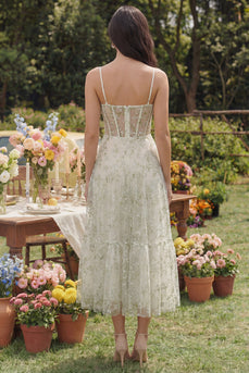 Hellgrünes Appliquiertes Korsett Spaghettiträger A-Linie Midi Kleid