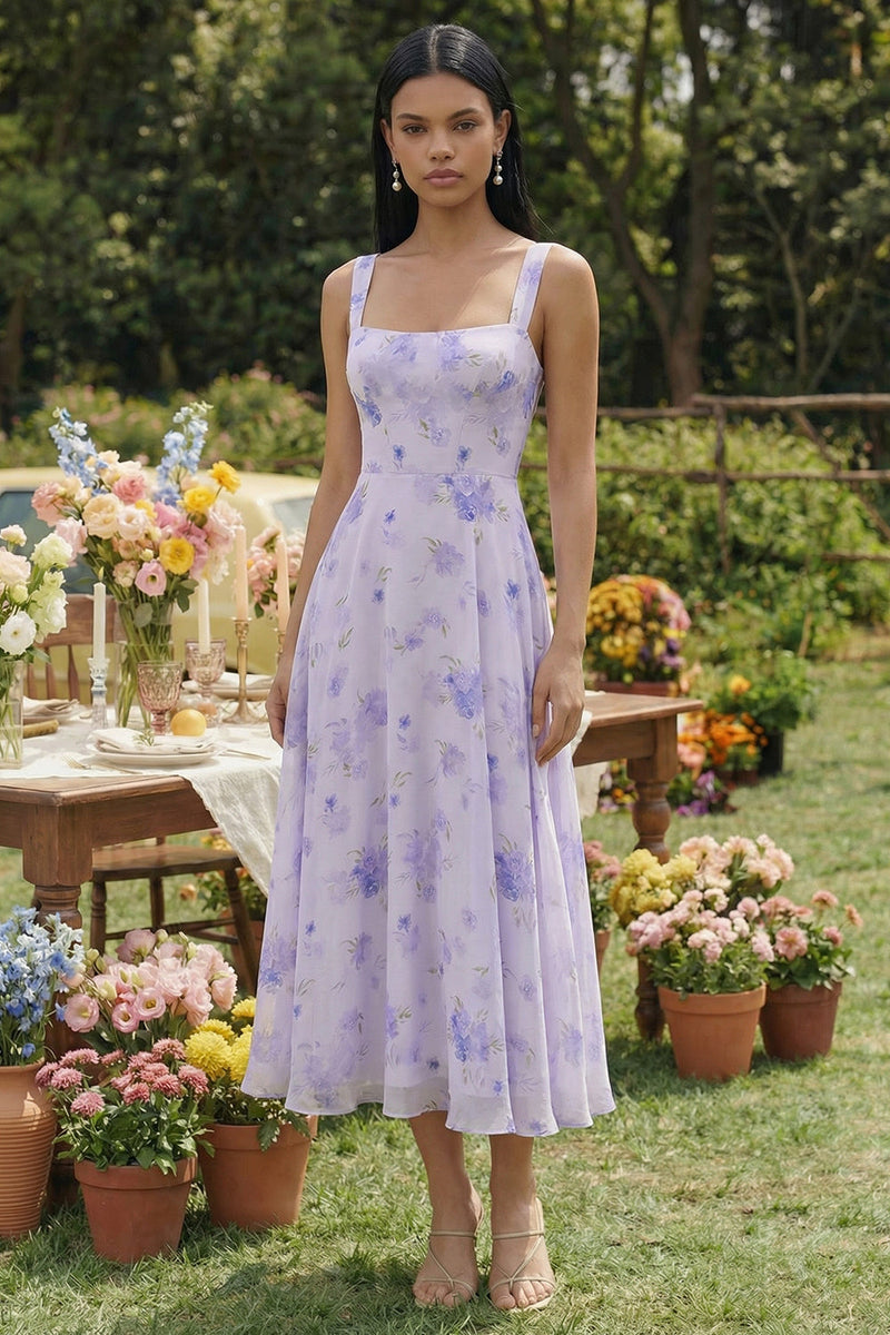 Laden Sie das Bild in den Galerie-Viewer, Flieder Bedrucktes Quadratischer Ausschnitt A-Linie Chiffon Midi Hochzeitsgast Kleid