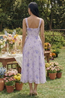 Laden Sie das Bild in den Galerie-Viewer, Flieder Bedrucktes Quadratischer Ausschnitt A-Linie Chiffon Midi Hochzeitsgast Kleid