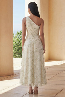 Hellgrünes Applikiertes Midi A-Linie Hochzeitsgast Kleid mit einer Schulter