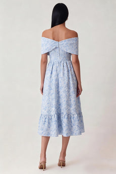Blaues Jacquard Korsett Ohne Schulter A-Linien Midi Kleid mit Rüschen