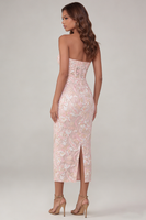 Laden Sie das Bild in den Galerie-Viewer, Rosa Blumig Appliquiertes Korsett Trägerloses Midi Kleid