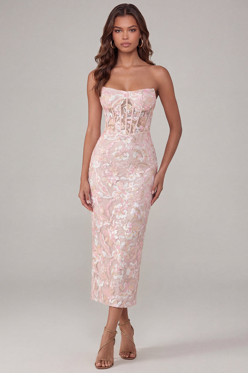 Laden Sie das Bild in den Galerie-Viewer, Rosa Blumig Appliquiertes Korsett Trägerloses Midi Kleid