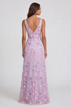 Lila Blumen Appliziertes V-Ausschnitt A-Line Midi Kleid mit Schlitz