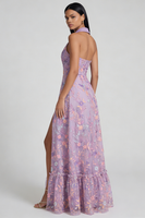 Laden Sie das Bild in den Galerie-Viewer, Lila Blumen Appliziertes V-Ausschnitt A-Linie Midi Kleid mit Schlitz