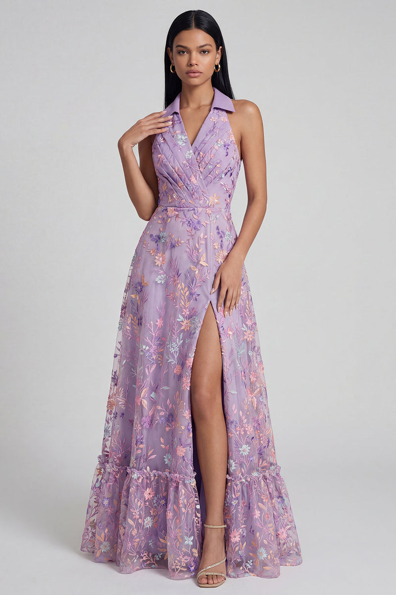 Laden Sie das Bild in den Galerie-Viewer, Lila Blumen Appliziertes V-Ausschnitt A-Linie Midi Kleid mit Schlitz