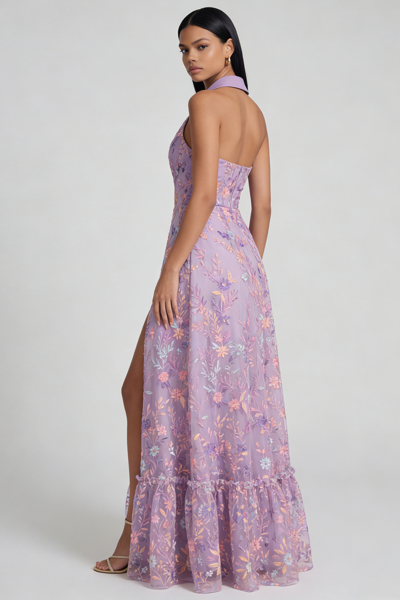 Laden Sie das Bild in den Galerie-Viewer, Lila Blumen Appliziertes V-Ausschnitt A-Linie Midi Kleid mit Schlitz