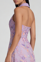 Laden Sie das Bild in den Galerie-Viewer, Lila Blumen Appliziertes V-Ausschnitt A-Linie Midi Kleid mit Schlitz