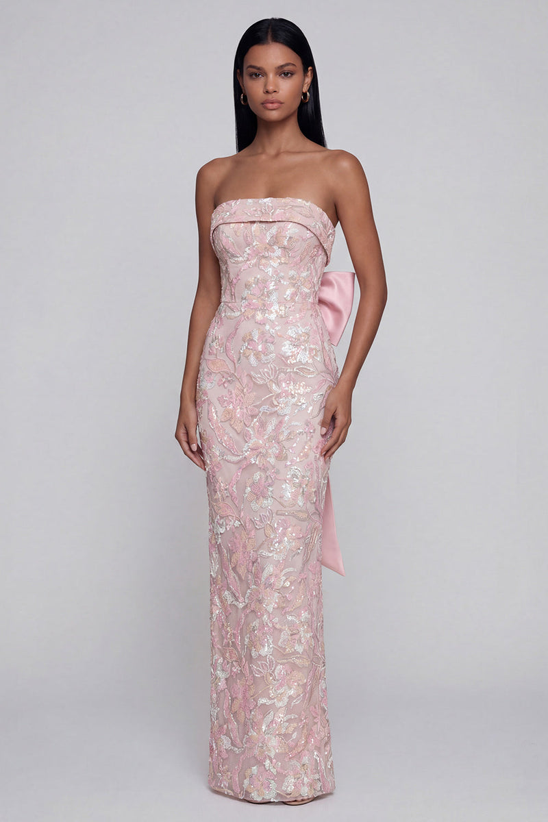 Laden Sie das Bild in den Galerie-Viewer, Appliquiertes Bowknot Rosa Trägerloses Midi Kleid mit Rückenschlitz