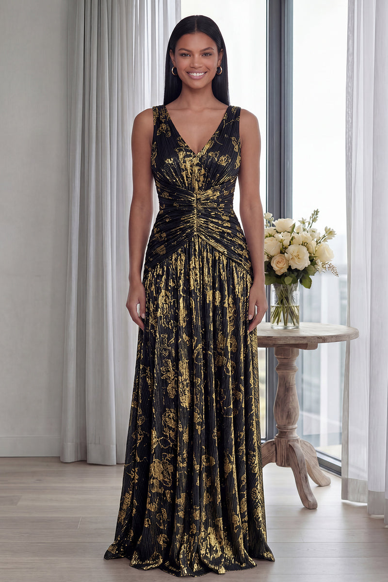 Laden Sie das Bild in den Galerie-Viewer, Staubiger Rosa A-Linie V-Ausschnitt Langes Festkleid mit Falten