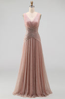 Laden Sie das Bild in den Galerie-Viewer, Staubiger Rosa A-Linie V-Ausschnitt Langes Festkleid mit Falten