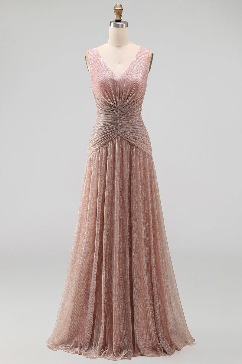 Laden Sie das Bild in den Galerie-Viewer, Staubiger Rosa A-Linie V-Ausschnitt Langes Festkleid mit Falten