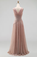 Laden Sie das Bild in den Galerie-Viewer, Staubiger Rosa A-Linie V-Ausschnitt Langes Festkleid mit Falten