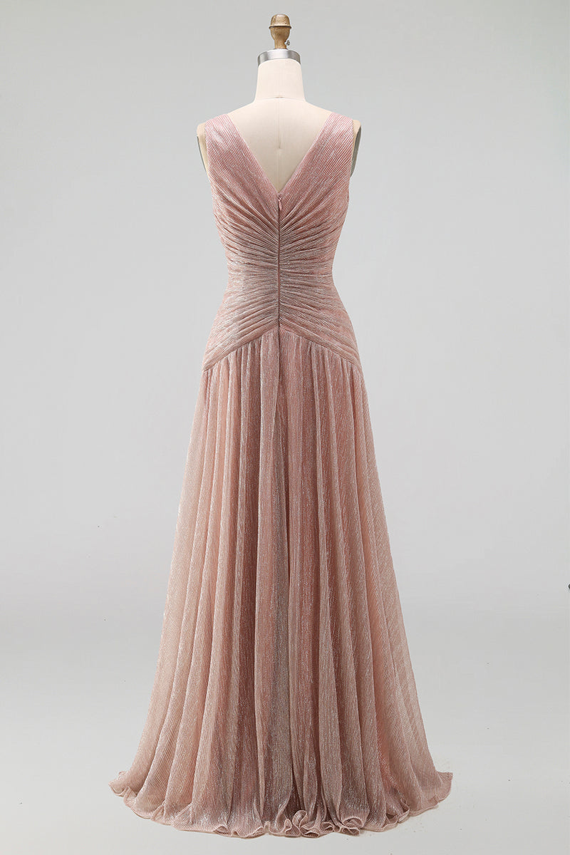 Laden Sie das Bild in den Galerie-Viewer, Staubiger Rosa A-Linie V-Ausschnitt Langes Festkleid mit Falten