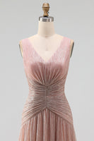 Laden Sie das Bild in den Galerie-Viewer, Staubiger Rosa A-Linie V-Ausschnitt Langes Festkleid mit Falten
