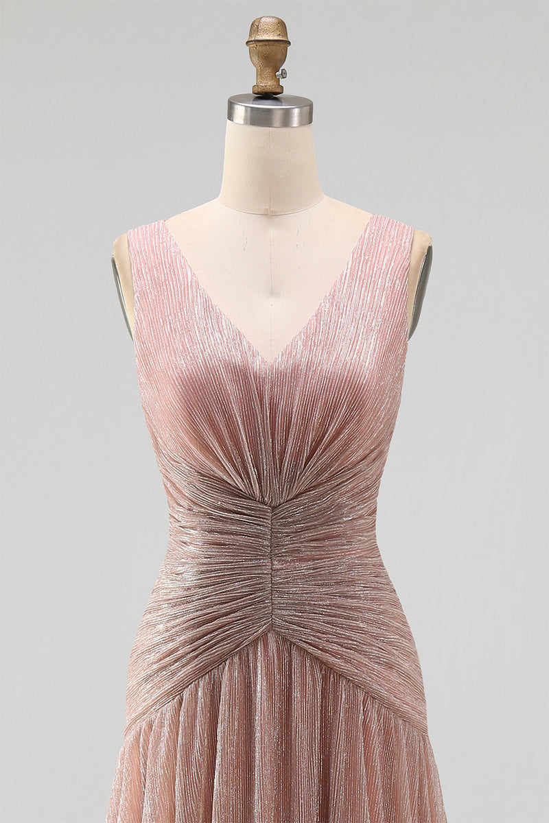 Laden Sie das Bild in den Galerie-Viewer, Staubiger Rosa A-Linie V-Ausschnitt Langes Festkleid mit Falten