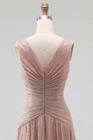 Laden Sie das Bild in den Galerie-Viewer, Staubiger Rosa A-Linie V-Ausschnitt Langes Festkleid mit Falten