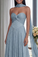 Laden Sie das Bild in den Galerie-Viewer, Himmelblaues Trägerloses Langes Festkleid mit Falten und Band