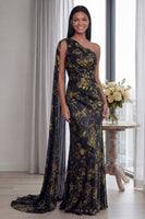 Laden Sie das Bild in den Galerie-Viewer, Marineblaues Einschulteriges Scheide Gerafftes Langes Festlichen Kleid mit Band