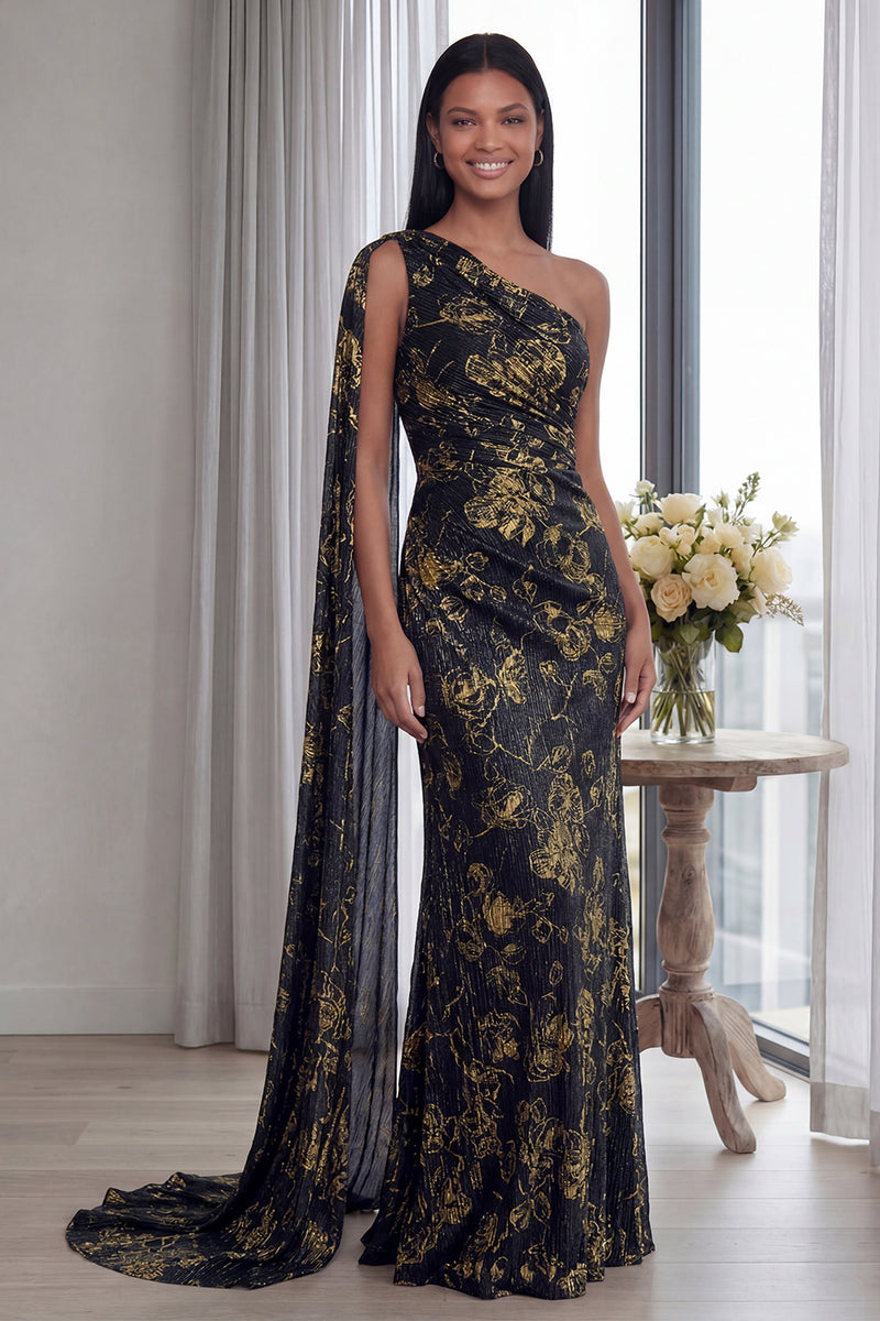 Laden Sie das Bild in den Galerie-Viewer, Marineblaues Einschulteriges Scheide Gerafftes Langes Festlichen Kleid mit Band