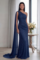 Laden Sie das Bild in den Galerie-Viewer, Marineblaues Einschulteriges Scheide Gerafftes Langes Festlichen Kleid mit Band