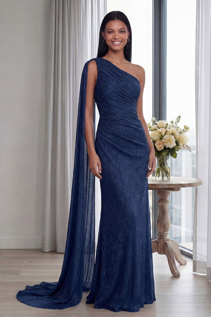 Laden Sie das Bild in den Galerie-Viewer, Marineblaues Einschulteriges Scheide Gerafftes Langes Festlichen Kleid mit Band