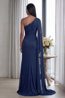 Marineblaues Einschulteriges Scheide Gerafftes Langes Festlichen Kleid mit Band