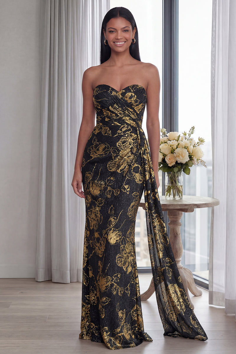 Laden Sie das Bild in den Galerie-Viewer, Trägerloses Scheide Gerafftes Langes Festkleid mit Band
