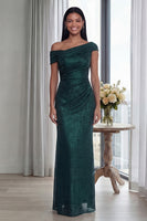 Laden Sie das Bild in den Galerie-Viewer, Dunkelgrünes Schulterfreies Langes Festkleid mit Reißverschluss