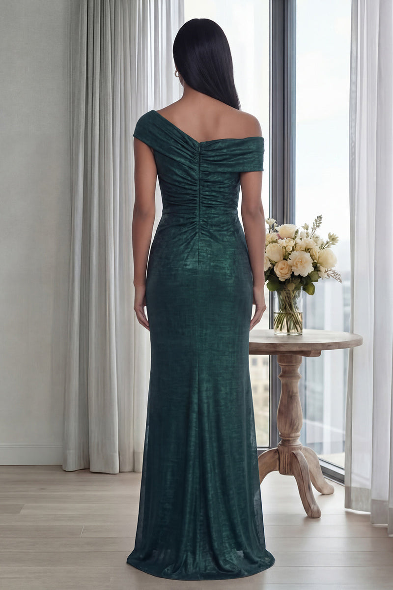 Laden Sie das Bild in den Galerie-Viewer, Dunkelgrünes Schulterfreies Langes Festkleid mit Reißverschluss