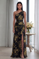 Laden Sie das Bild in den Galerie-Viewer, Golden Einschulteriges Falten Langes Festkleid mit Schlitz